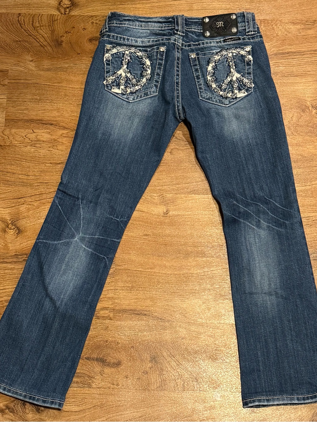 Miss Me Women's Dark Blue Boot Cut Jeans With Embroidered Peace Pockets
